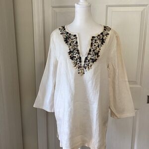 Adrienne Vittadini Studio Linen Embellished Tunic Top Size 8